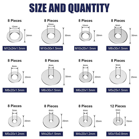 WEGOUP stainless steel flat washers set, 100 pcs, 12 sizes M3–M12, assorted hardware kit
