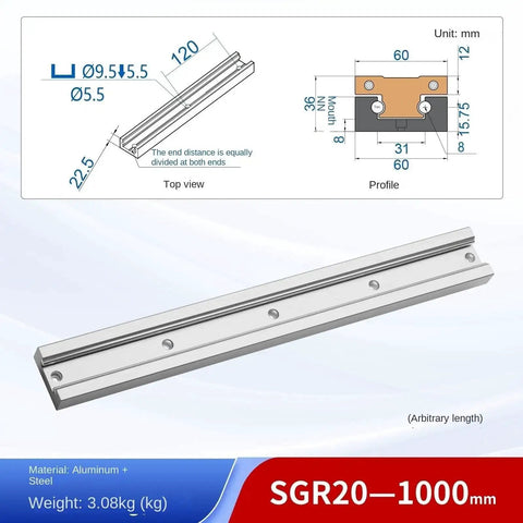 Diagram and photo of Linear Motion Slide Rails With One Rail And Two SGB20-4 Ball Bearing Blocks For CNC DIY And 3D Printer SGR20 1000mm Precision Guide Rail System Steel Rust-Resistant Surface Smooth And Sturdy Performance showing dimensions and weight