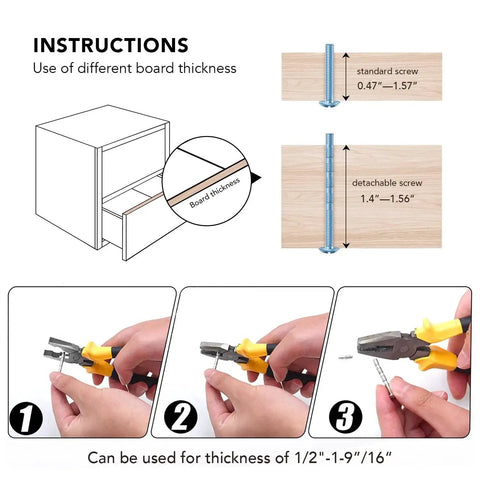 Installation instructions for Arch Cabinet Pulls 3 Inch Matte Black Solid Zinc Die Cast with board thickness guide and screwdriver usage.