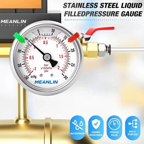 Rugged Vacuum And Pressure Gauge For Industrial Systems Meanlin Measure Stainless Steel Liquid Filled 30 InHg To 30 Psi, 1 8th NPT