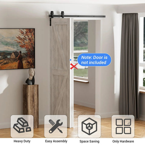Bi-Folding Sliding Barn Door Hardware Kit For Two Doors, installed black track with J-shape rollers, no door included