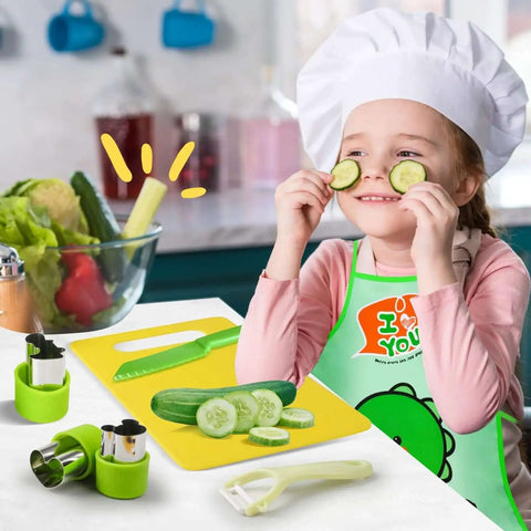 Montessori Toddler Knife Set With Real Cooking Tools For Kids, 15 Piece Kitchen Play Kit displayed with child in apron