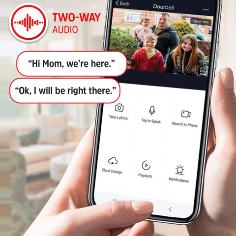 1080P Wired Video Doorbell For Real Home Security With 140 Degree Field Of View, Requires Existing Doorbell Wires, Not Battery Powered, 2-Way Audio, Local 128GB Storage Plus Cloud Backup, Remote Access, Night Vision, And iOS/Android App shown on smartphone app with two-way audio feature displayed.