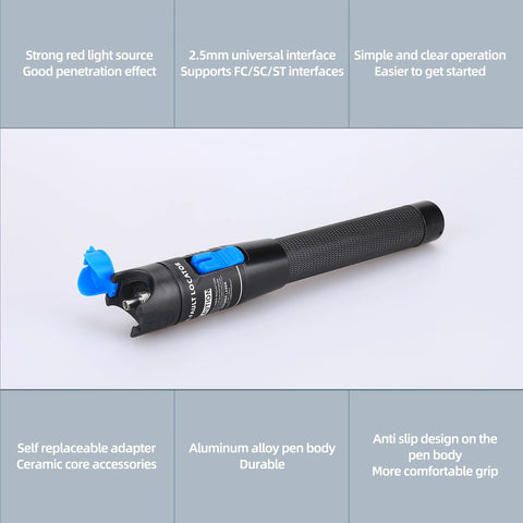 Aluminum pen-type VFL visual fault locator with blue cap and 2.5mm FC/SC/ST adapters