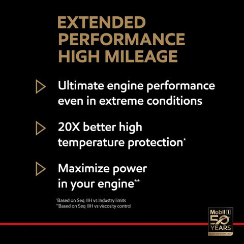 Mobil 1 Extended Performance High Mileage 5W30 Full Synthetic Motor Oil benefits including engine performance and protection