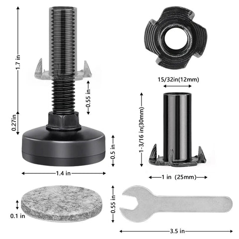 Heavy Duty Furniture Levelers With M10 Thread Adjustable Feet And T Nut Kit For Cabinets Workbenches Tables Chairs Sofas And More Large Base Supports Up To 1320 Lbs 4 Pack - components with dimensions