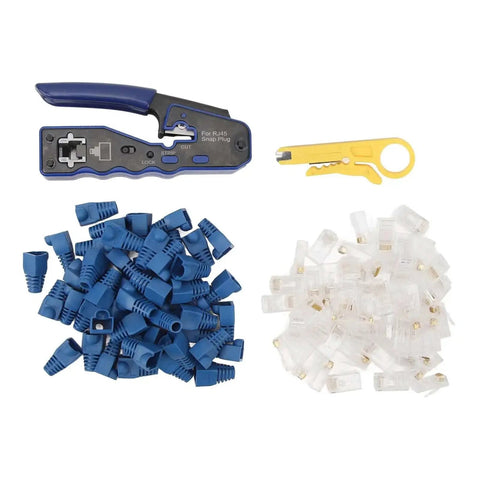 Image of All In One Ethernet Crimp Tool For Cat5 Cat5e Cat6 Cat6A Pass Through Connectors Cutter And Wire Stripper, with connectors.