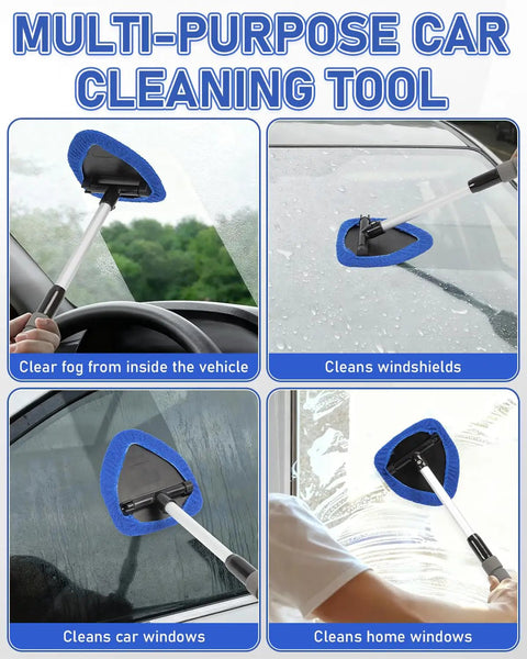 Expandable Car Window Cleaning Kit With Telescopic Handle Six Reusable Microfiber Pads Spray Bottle Vent Dust Brush Interior Dust Brush All In One No Mess Car Glass Cleaner Tool Blue in use on car windows and windshields.
