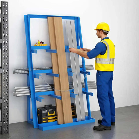 Worker organizing materials on Vertical Bar Rack Heavy Duty Steel Storage Shelf For Long Parts And Lumber In The Garage Basement 3000 Lb Capacity Upright Shelving Pipe Organizer Pro Grade Shop Organizer Beast.