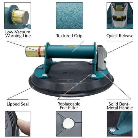 8 Inch Suction Cup With Metal Handle And Carrying Case Heavy Duty Vacuum Mount showing details like low-vacuum warning line and textured grip