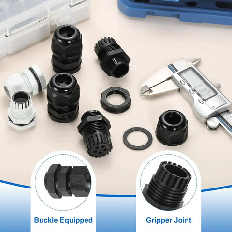 30 Pcs M25 Cable Gland Set For 12 To 15mm Wire Holes Waterproof Nylon Joint displayed with caliper and parts