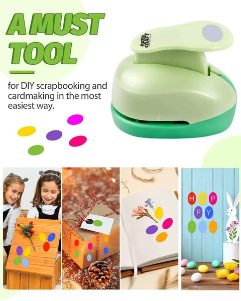 Green 1 Inch Oval Lever Punch for Scrapbooking and Card Making displayed with colorful paper cutouts and DIY craft examples