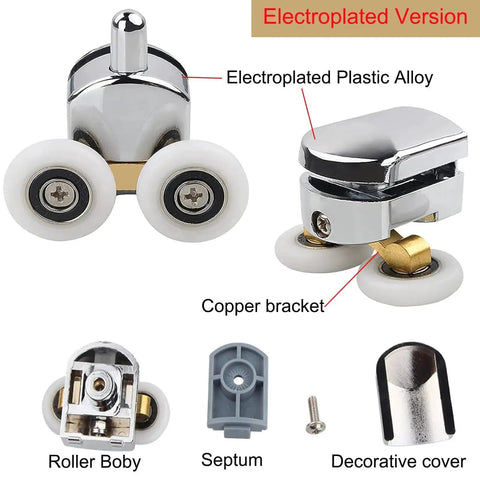 8 Piece Shower Door Rollers Set With 25mm Sliding Door Wheels For Curved Glass Doors parts including wheels, copper bracket, and screws.