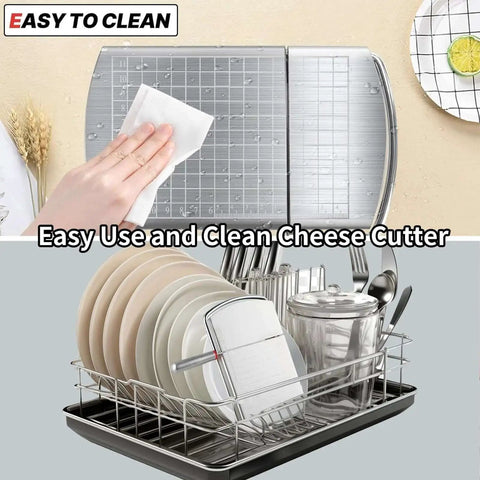 Versatile Stainless Steel Cheese Slicer With Grid Scale And Non Slip Feet shown being cleaned and stored in dish rack