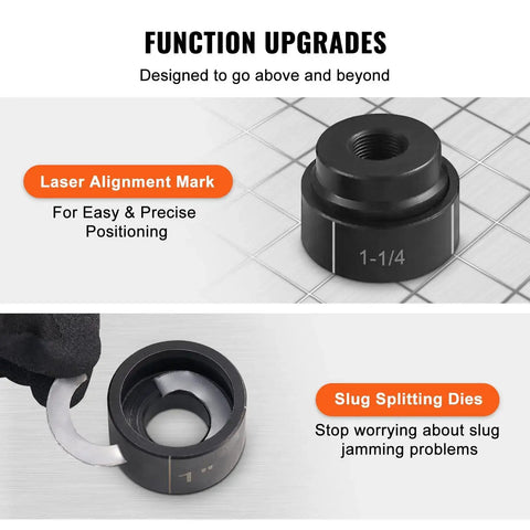Close-up of slug splitting dies and laser alignment for 15 Ton Hydraulic Knockout Punch Kit with 10 Punches and Dies