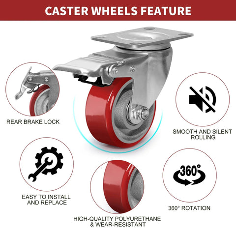 3 Inch Heavy Duty Swivel Casters With Brakes Polyurethane On Steel Wheels Set Of 4 showcasing features like rear brake lock