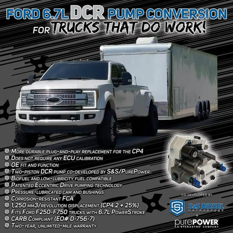 Ford 6.7L truck towing a trailer with a CP4 to DCR Pump Conversion Kit for 2011 and up Ford 6.7 Powerstroke Diesel plug and play.