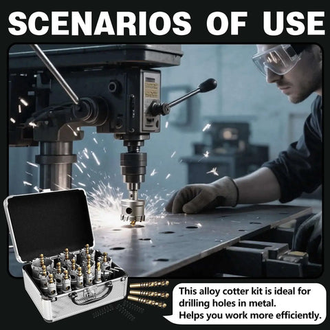 Heavy Duty 22 Piece Carbide Hole Saw Kit For Metal With Titanium Pilot and 3 L Wrenches in use on metal