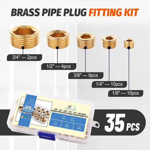 Brass Pipe Plug Fitting Kit, 35 Piece Set With 1/8 Inch Through 3/4 Inch NPT Male Internal Hex Thread Plugs in Plastic Case