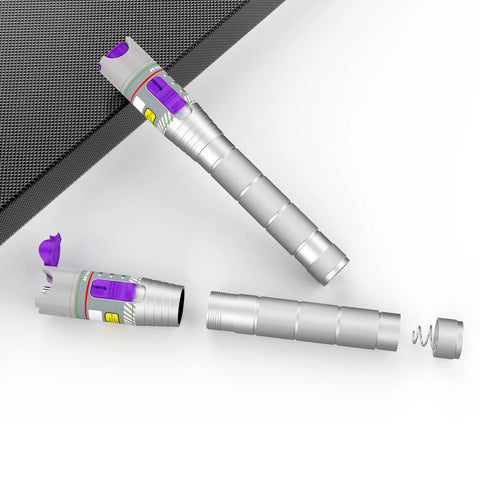 Purple visual fault locator for fiber optic cables, disassembled showing purple cap, silver body segments, and spring.