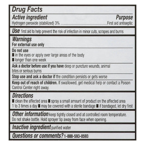 Hydrogen Peroxide First Aid Spray 3 Percent Solution For Home Disinfection And Minor Wound Care From Leader Easy To Use Non Aerosol 8 Oz Bottle drug facts label