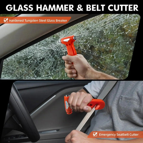 Close-up of car emergency glass hammer and seatbelt cutter in use from All In One Car Emergency Kit With Portable Air Compressor Jump Cables First Aid Kit And Roadside Safety Tools For Women Men Teens Ready For Any Breakdown Or Road Trip.