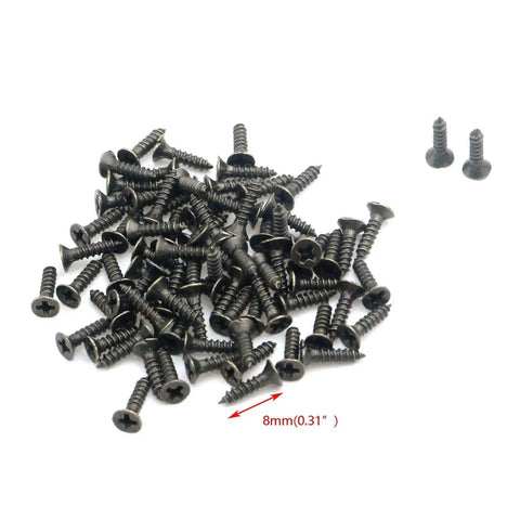 Pile of small black screws with 8mm size, suitable for 20 Pack Small Wooden Box Hinges With Screws, 90 Degree Folding Bronze Hinges.