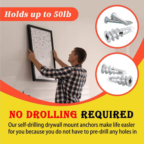 100 Piece Zinc Self Drilling Drywall Anchors And Screws Kit With 50 Heavy Duty Hollow Metal Anchors And 50 Size 8 And One Quarter Inch Screws For Secure Sheetrock Mounts And Durable Quick Installations, showing hanging artwork.