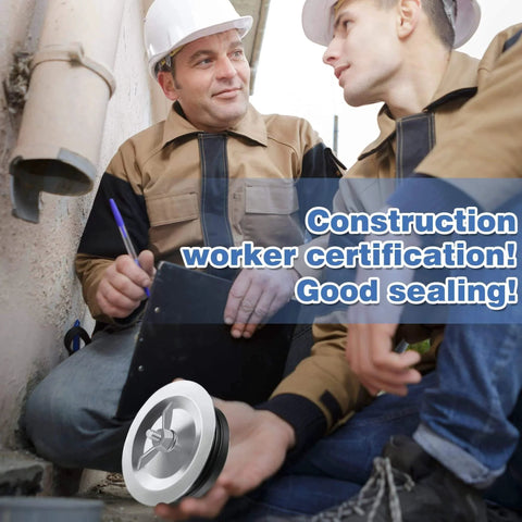 Two construction workers discussing with a 5 Inch End Of Pipe Mechanical Cleanout Plug With Airtight Gasket And Steel Construction.