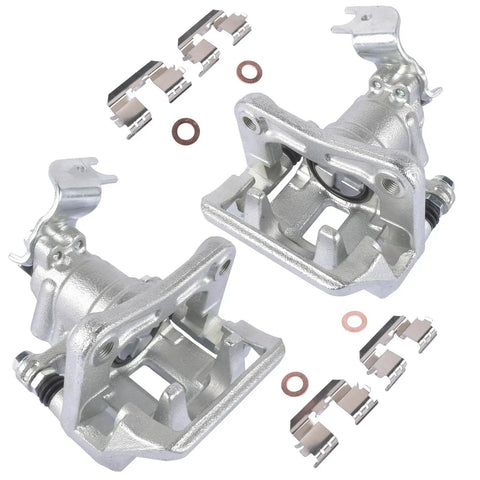 Weonefit rear disc brake caliper assemblies with brackets, front view, for Honda/Acura (driver and passenger sides).