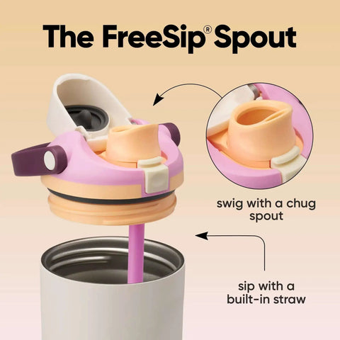 Close-up of FreeSip 2-In-1 Spout Water Bottle cap showing built-in straw and chug spout, insulated stainless steel design.