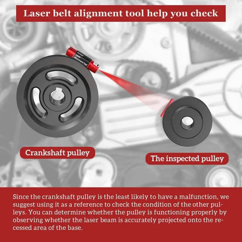 Laser Alignment Tool For Precise BDS Displacement Diagnosis With Magnetic Base shown aligning crankshaft and pulley.