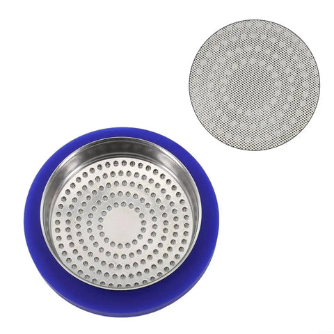 Top view of silicone group head gasket seal for Cafelat E61 espresso machines compatible with Faema and Rocket, blue with filter screen