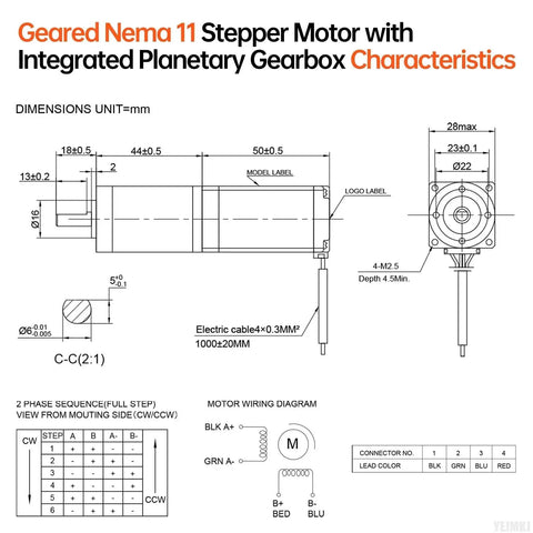 Technical drawing of 50.9 To 1 Geared Nema 11 Stepper Motor With Integrated Planetary Gearbox For High Torque Drive, dimensions and wiring