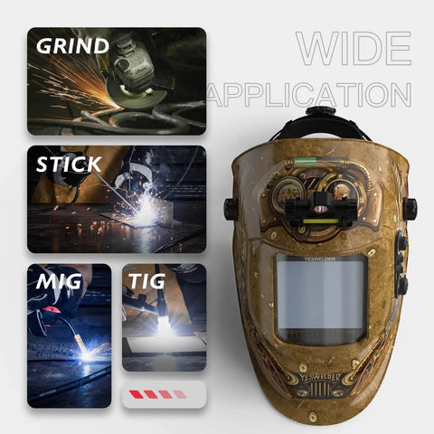 Pro Grade Auto Darkening Welding Helmet With LED Light, True Color, large viewing window, and wide application images.