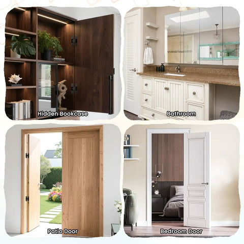 Invisible Hidden Door Hinge Set 6 Inch Concealed Hinges For Seamless Doors Bookshelves And Feature Walls 180 Degree Swing Zinc Alloy Black 3 Way Adjustable Butt Mount 2 Pack Easy Install in use on hidden bookcase, bathroom, patio door, and bedroom door.