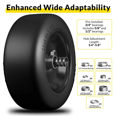 Flat Free 11x4.00-5 Front Lawn Mower Tire And Wheel Set With Solid Polyurethane Core For Zero Turn Mowers, 350 Lb Load