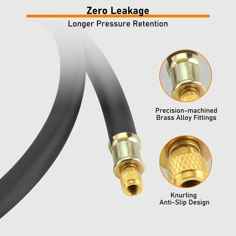Close-up view of Heavy Duty Half Inch HVAC Vacuum Hose, 6 Ft Long, with brass fittings and black charge hose for AC service.