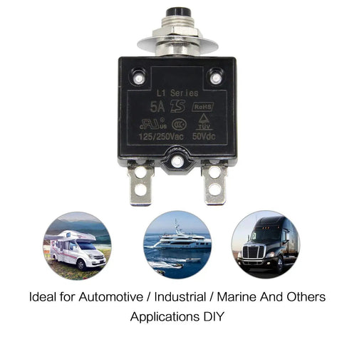 Single Pole Push Button Circuit Breaker 125 To 250V AC 50V DC 5A Manual Reset Thermal Protector L1 for automotive and marine.