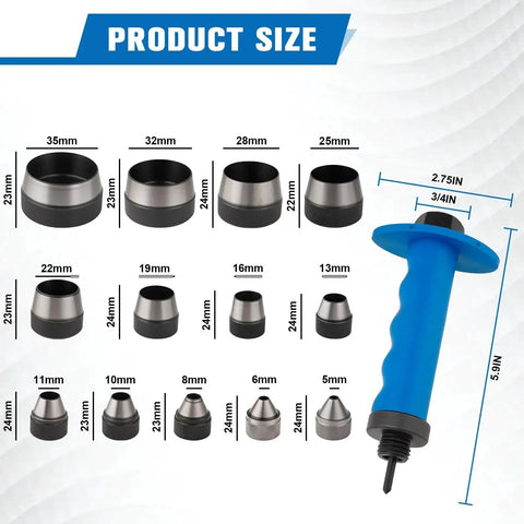 Pro Grade 13 Size Hollow Punch Kit For Leather Rubber Plastic And Gasket Easy Grip Handle sizes with blue handle.