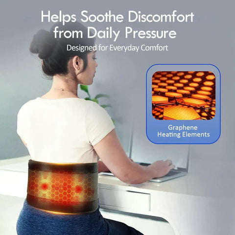 Woman using Cordless Heating Pad With Massager For Lower Back Pain Relief, showing graphene heating elements