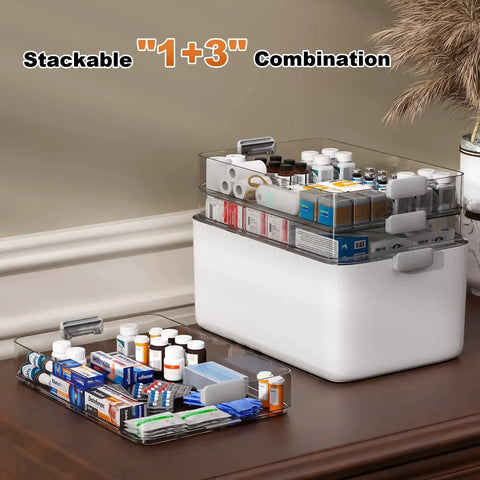 Four Tier Portable Medicine Storage Box Organizer with Handle, transparent layers visible, holding medical supplies on a wooden surface.