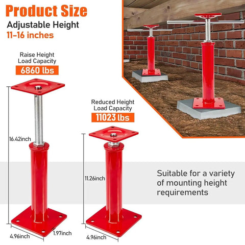 Image showing Heavy Duty Floor Jacks 4 Pack for Crawlspace Leveling 11 To 16 Inch Swivel Top, illustrating sizes and installation.