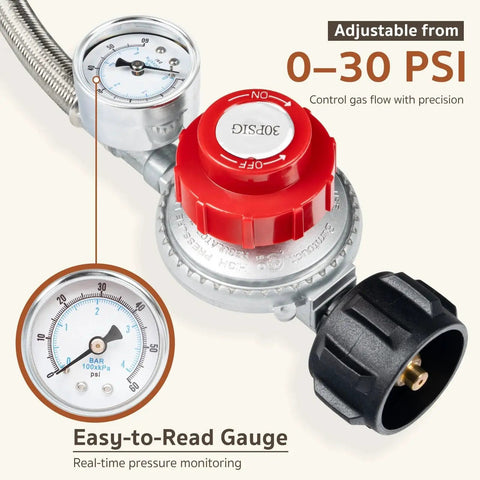 Adjustable 0-30 PSI Propane Regulator With Built In Gauge And Five Foot Stainless Braided Hose showcasing easy-to-read gauge.