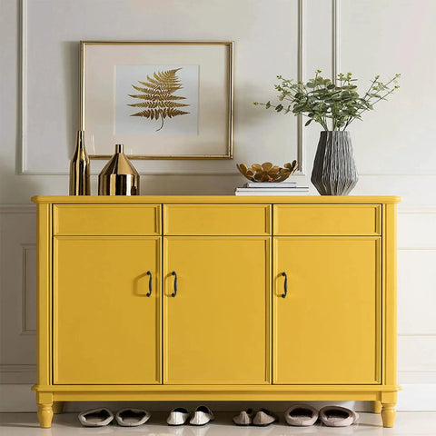 Yellow cabinet with Matte Black Aluminum Alloy 10-Piece Drawer Handles Set For Kitchen Cabinets And Drawers, Antique Style Bar Pulls shown