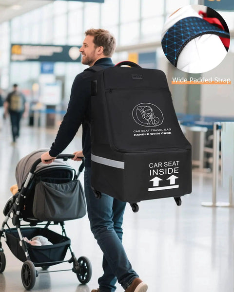 Traveler using Travel Ready Car Seat Bag With Wheels For Air Travel, Padded Baby Carseat Backpack For Airport Gate Check, black bag.