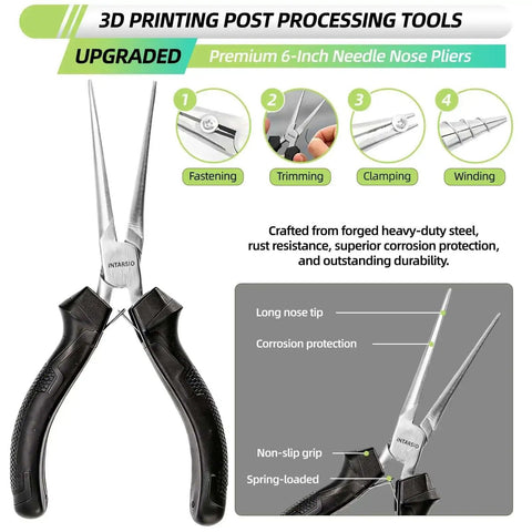 6-inch needle nose pliers from Must Have 76 Piece 3D Printer Tools Kit with ergonomic handle and durable steel construction.