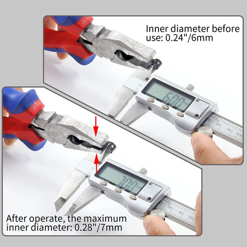Rierdge black 1/4 in ID spring hose clamps for fuel/air hoses; caliper shows 0.24 in before use and 0.28 in after.