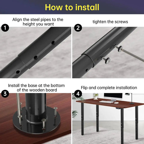 Installation guide for Adjustable Metal Desk Legs 21 To 36 Inches Set showing alignment, screw tightening, base install and completed desk