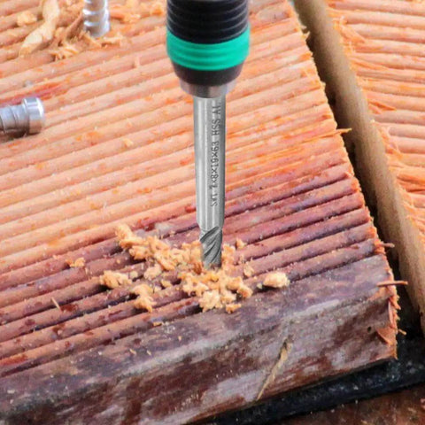 End Mill Set For CNC Routing 10 Pc Sizes From 0.08 Inch To 0.47 Inch 4 Flute HSS Straight Shank Cutter drilling in wood block